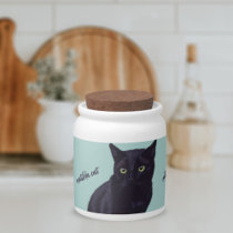 Personalized Black Cat Art Teal Pet Treat Jar