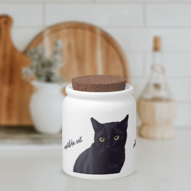 Personalized Black Cat Art White Pet Treat Jar (A personalized black cat inspired pet treat jar with space for your best friend's name)