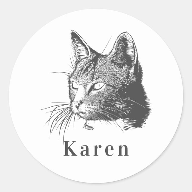 Personalized Black Cat Artistic Hand Sketched Classic Round Sticker (Front)