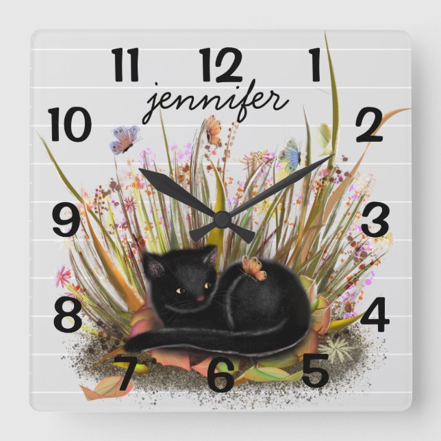 Personalized Black Cat Butterflies Wall Clock (Front)