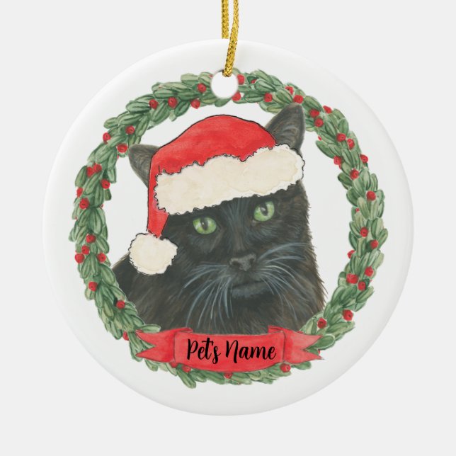 Personalized Black Cat Ceramic Ornament (Front)