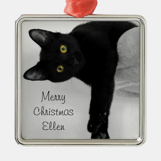 Personalized Black Cat Christmas Metal Ornament (Front)