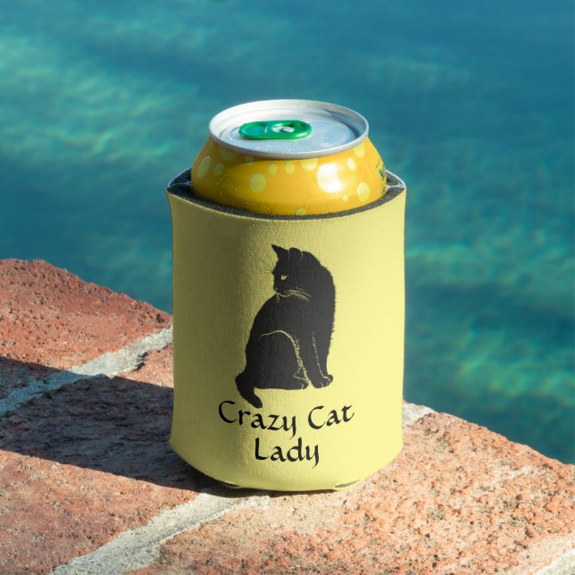 Personalized Black Cat Crazy Cat Lady Yellow Can Cooler (In Situ Pool)