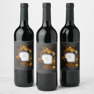 Personalized Black Cat Halloween Family Photo Fram Wine Label