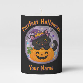 Personalized Black Cat Halloween Pillar Candle