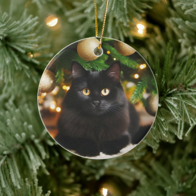 Personalized Black Cat in Front of Christmas Tree Ceramic Ornament (Tree)