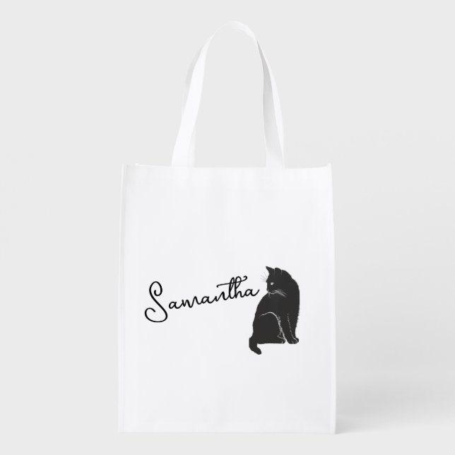 Personalized Black Cat Looking Back    Grocery Bag (Back)
