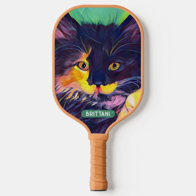 Personalized Black Cat, Modern Colors Pickleball Paddle (Front)
