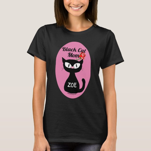 Personalized Black Cat Mom with Red Rose T-Shirt (Front)