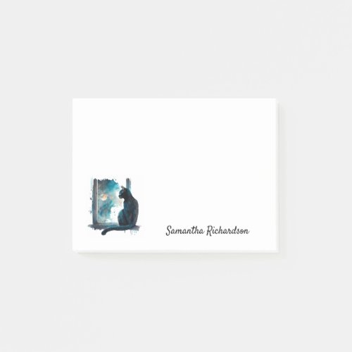 Personalized Black Cat Moon Silhouette Watercolor Post_it Notes
