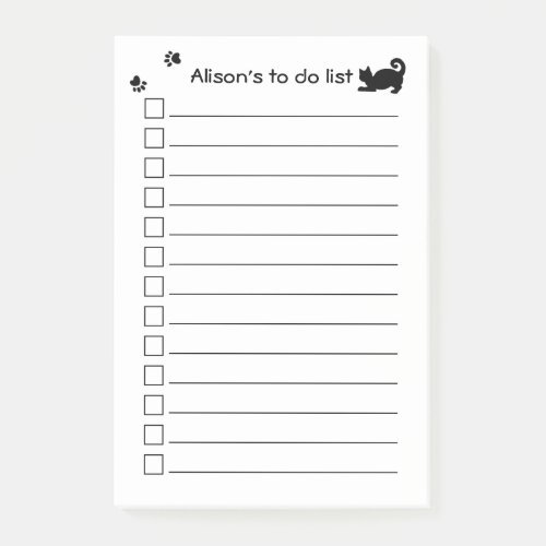 Personalized Black Cat Paw Print To Do List Post_it Notes