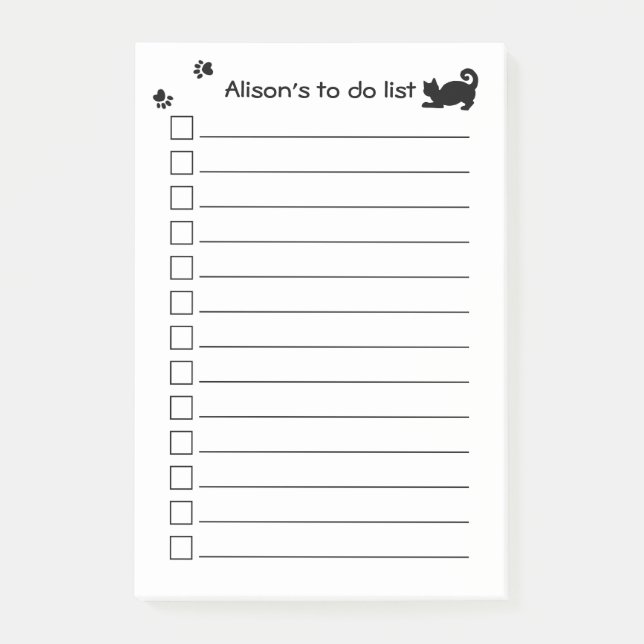 Personalized Black Cat Paw Print To Do List Post-it Notes (Front)
