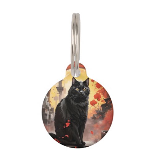 Personalized Black Cat Red Flowers Portrait  Pet ID Tag