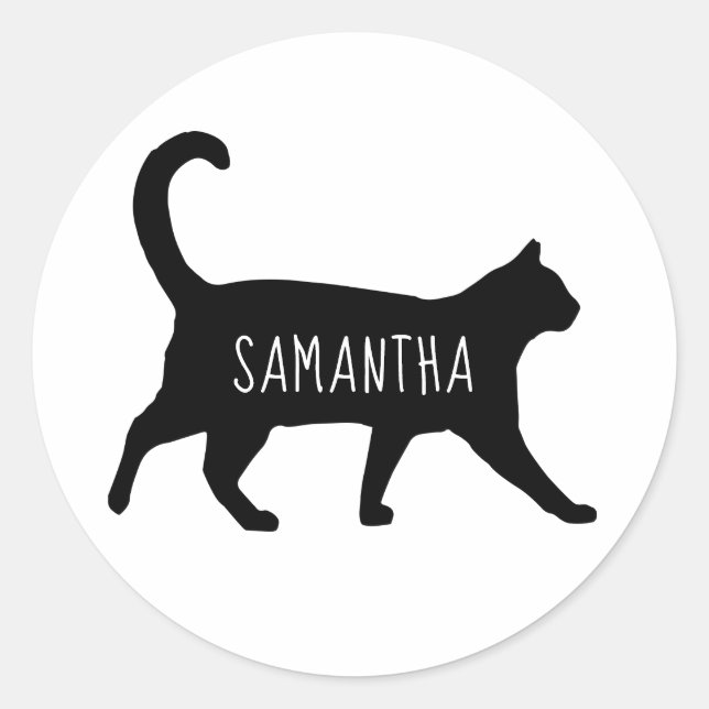 Personalized Black Cat Silhouette Classic Round Sticker (Front)