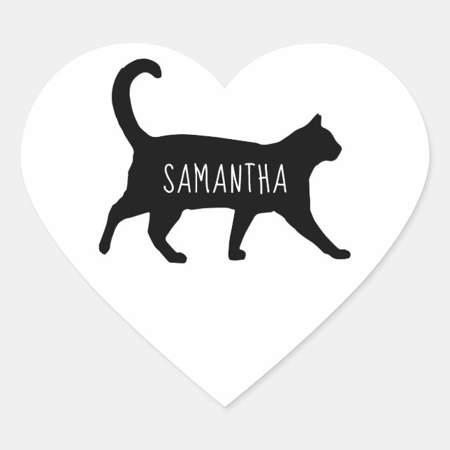 Personalized Black Cat Silhouette Heart Sticker (Front)
