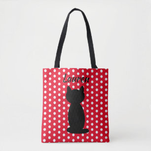 Personalized Black Cat Silhouette Polka Dots Tote Bag