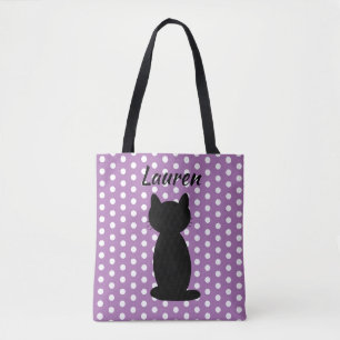 Personalized Black Cat Silhouette Polka Dots Tote Bag