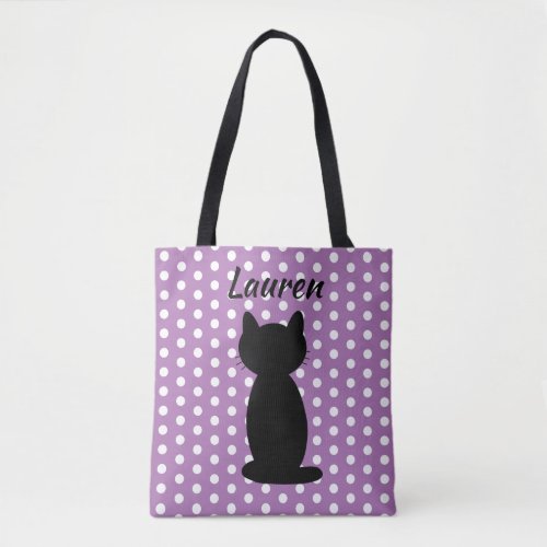 Personalized Black Cat Silhouette Polka Dots   Tote Bag