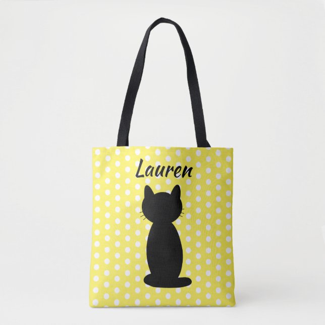 Personalized Black Cat Silhouette Polka Dots  Tote Bag (Front)
