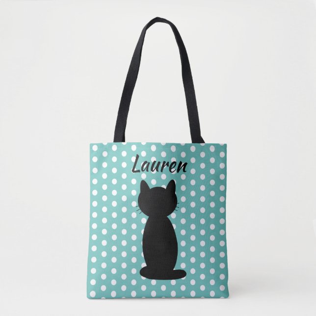 Personalized Black Cat Silhouette Polka Dots Tote Bag (Front)