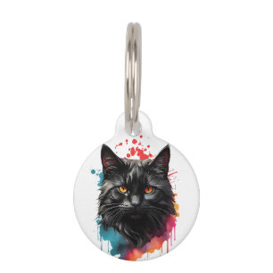 Personalized Black Cat Splatter Art Portrait Pet ID Tag