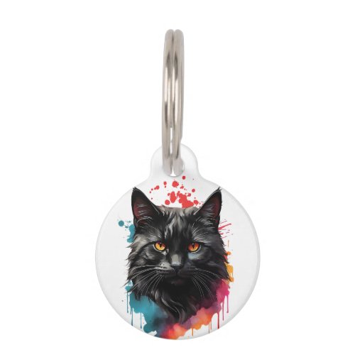 Personalized Black Cat Splatter Art Portrait  Pet ID Tag