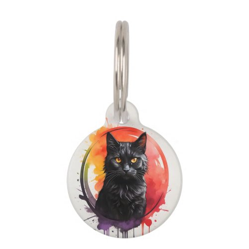 Personalized Black Cat Splatter Art Portrait Round Pet ID Tag