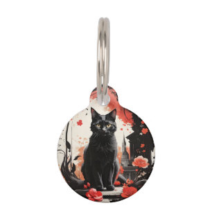 Personalized Black Cat Splatter Art Red Flowers Pet ID Tag