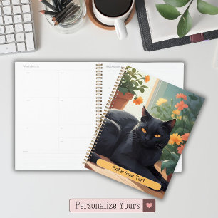 Personalized Black cat with potted flowers Planner