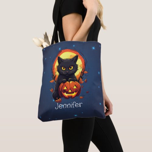 Personalized Black Cat with Pumpkin Halloween Tote Bag