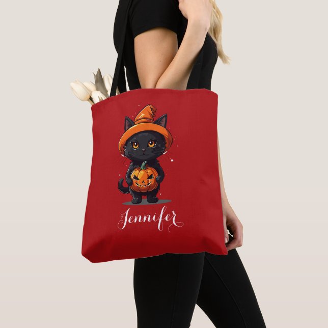 Personalized Black Cat with Pumpkin Halloween Tote Bag (Close Up)