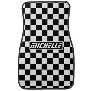 Personalized Black Checkered Racing Car Floor Mat