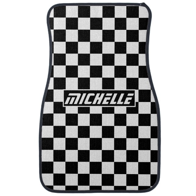 Personalized Black Checkered Racing Car Floor Mat (Front)