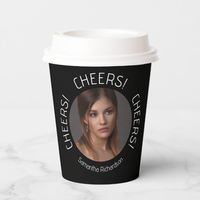 Personalized Black Cheers Photo Name Script  Paper Cups (Back)