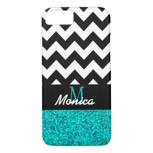 Personalized Black Chevron Cyan Glitter iPhone 87 Case