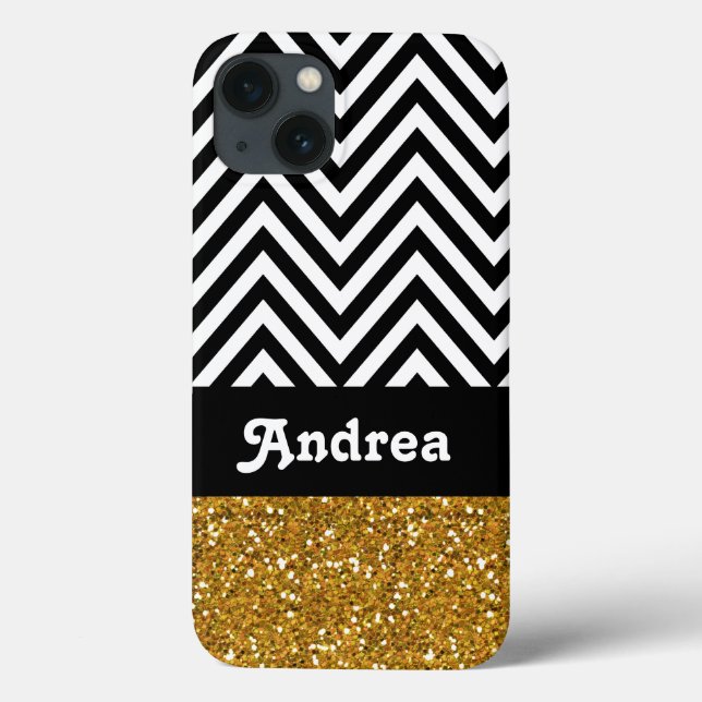 Personalized Black Chevron Gold Glitter Printed Case-Mate iPhone Case (Back)