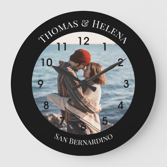 Personalized Black Circle with Top Bottom Texts Large Clock (Front)