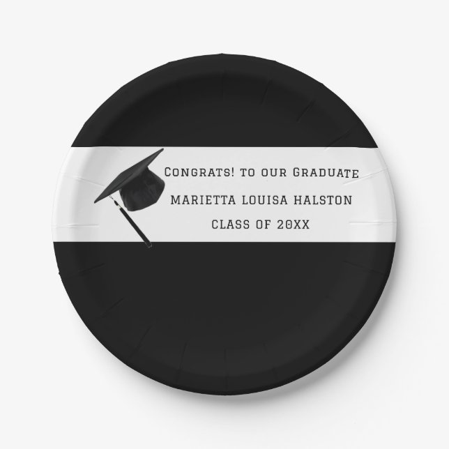 Personalized Black Class of 20XX Graduation Paper Plates (Front)