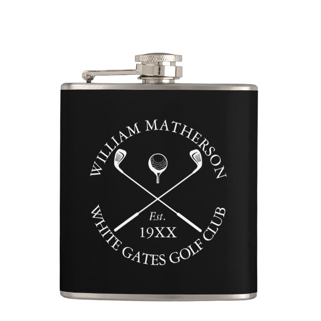 Personalized Black Classic Golf Club Name Flask (Front)