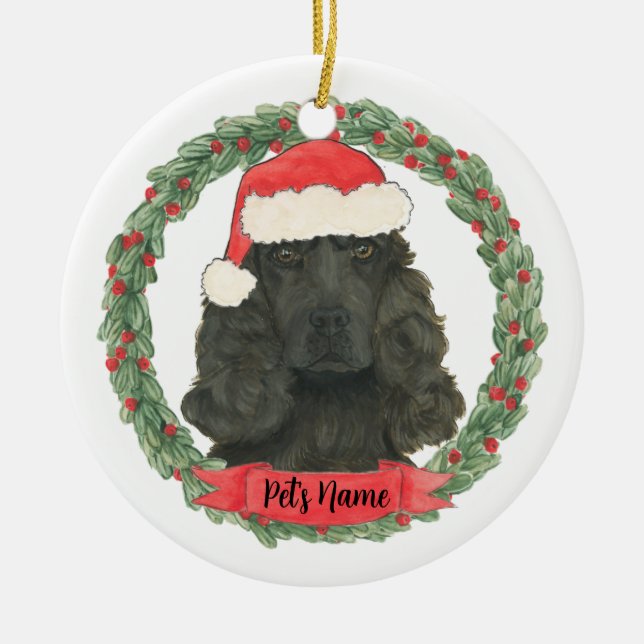 Personalized Black Cocker Spaniel Christmas Ceramic Ornament (Front)