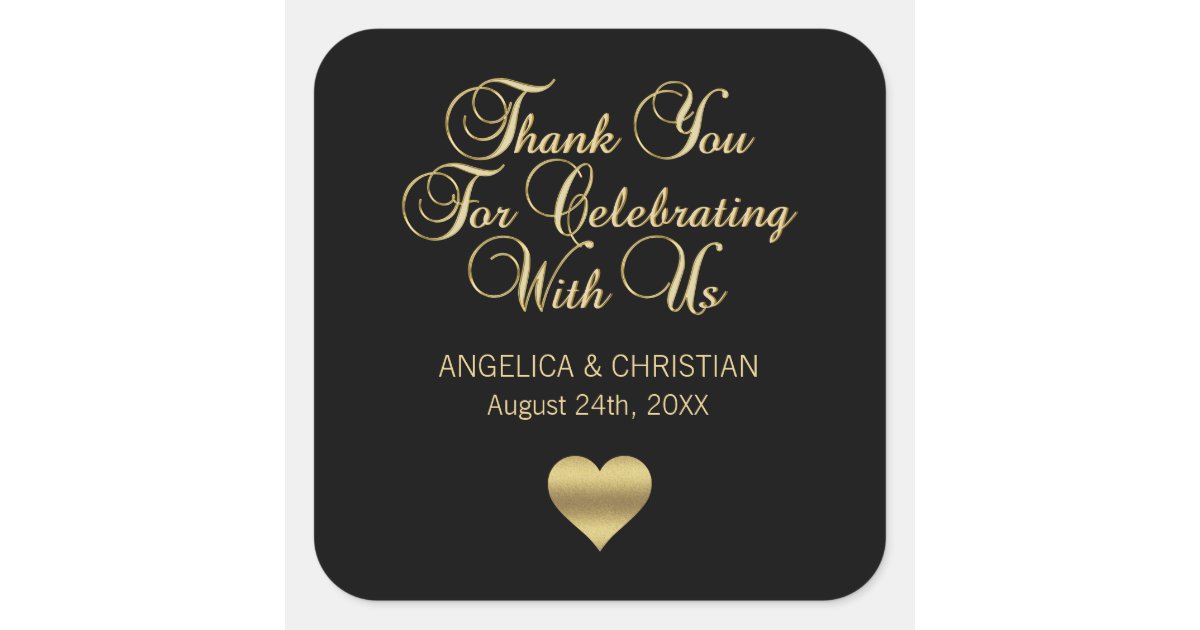 Personalized Black Color Gold Thank You Wedding Square Sticker | Zazzle