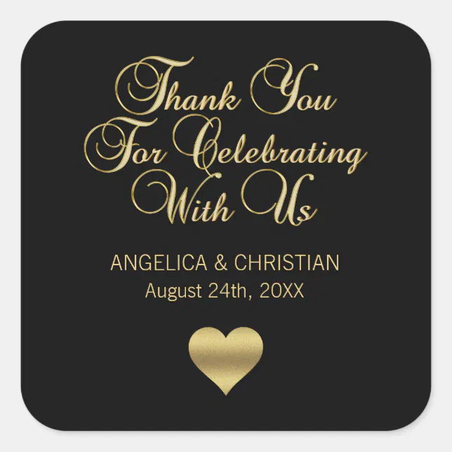 Personalized Black Color Gold Thank You Wedding Square Sticker | Zazzle