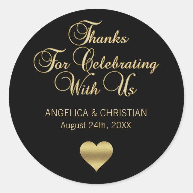 Personalized Black Color Gold Thanks Wedding Classic Round Sticker (Front)