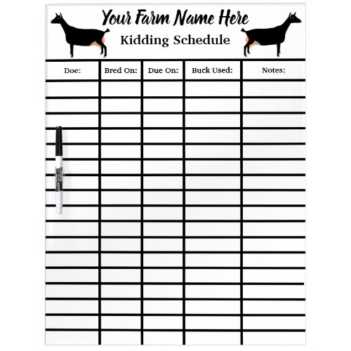 Personalized Black Dairy Goat Kidding Schedule Dry Erase Board