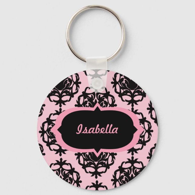 Personalized Black Damask on Pink Keychain (Front)