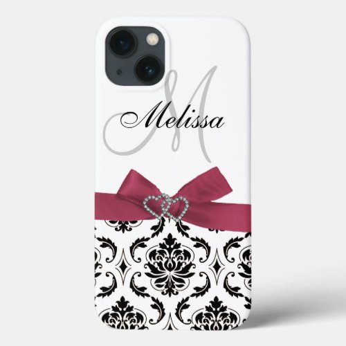 Personalized Black Damask Pink Bow Diamond Hearts iPhone 13 Case