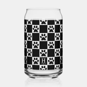 Personalized Black Dog Paw Print Checkered Pattern Can Glass
