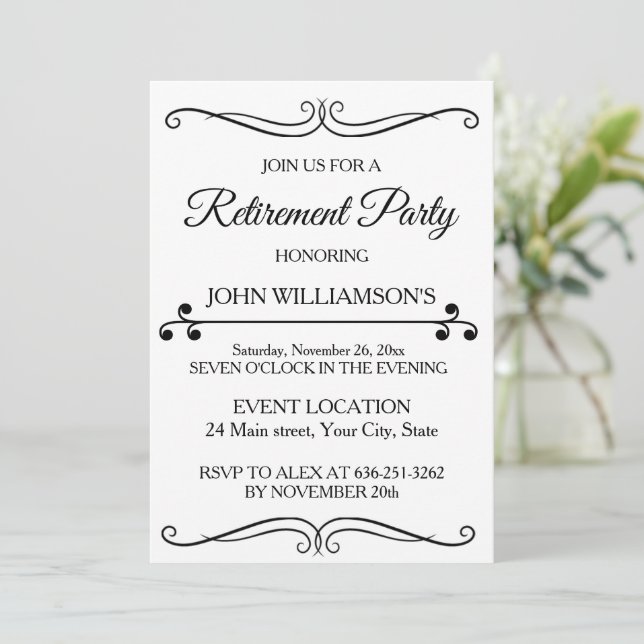 Personalized black elegant retirement party  invitation (Standing Front)