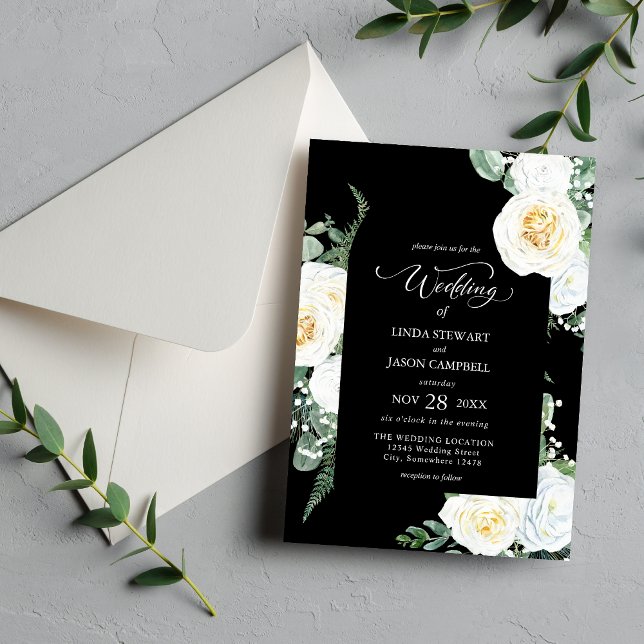 Personalized Black Elegant White Roses Wedding Invitation (Creator Uploaded)