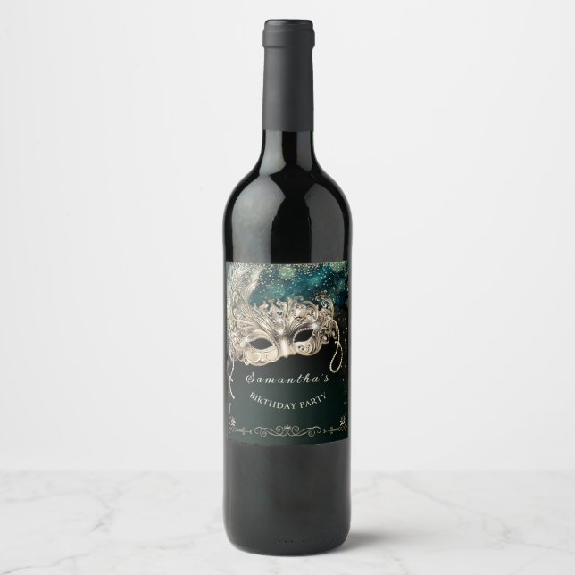 Personalized  Black Emerald Masquerade Party Wine Label (Front)